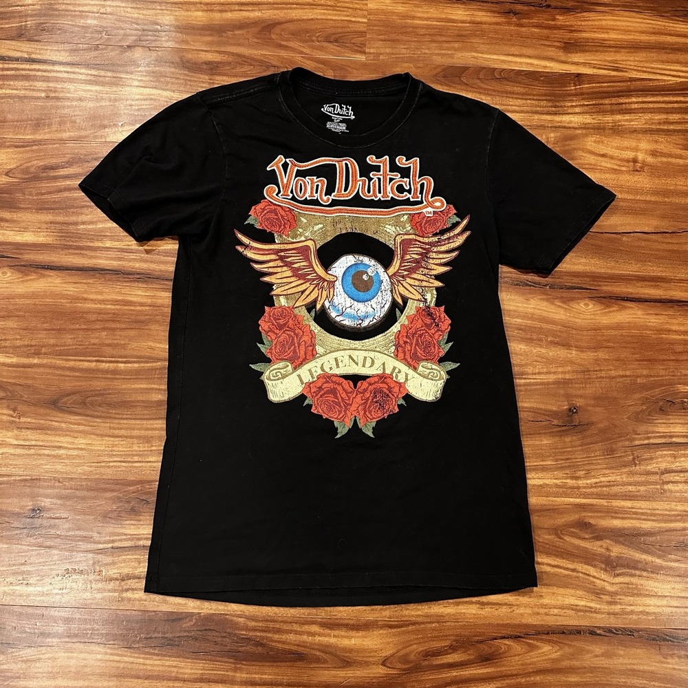 Von Dutch Shirt Mens Small Black Legendary Winged Eyeball Roses Graphic Tee